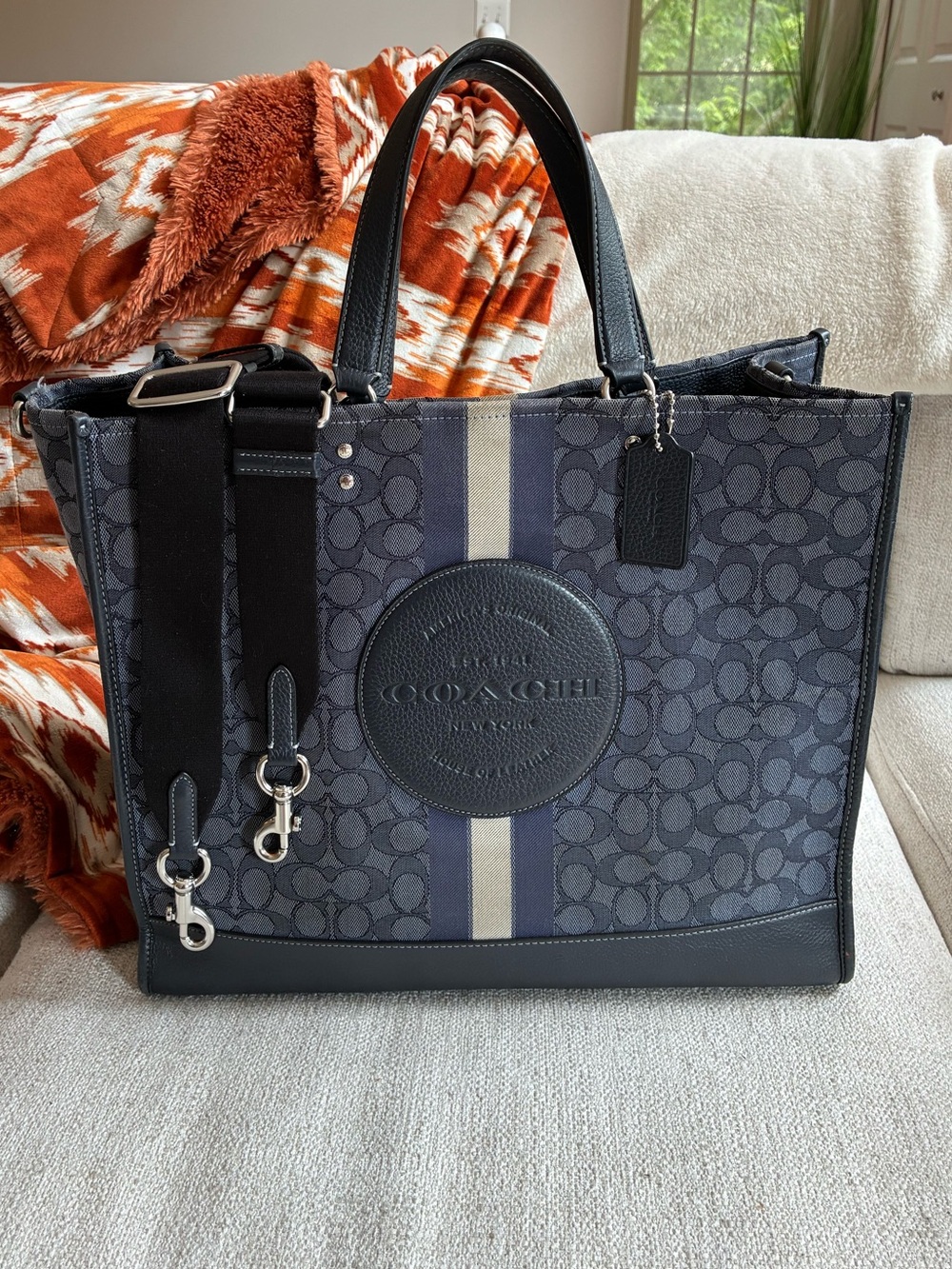 Coach Dempsey Tote Bag 40 In Signature Jacquard With Stripe And Coach Patch